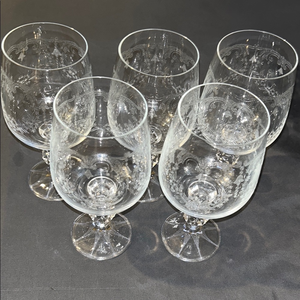 5 Vintage 6.5" Etched Depression Lead Crystal Water Goblets Cascade Bohemia